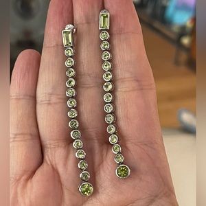 Bezel set natural peridot solid sterling silver long drop earrings